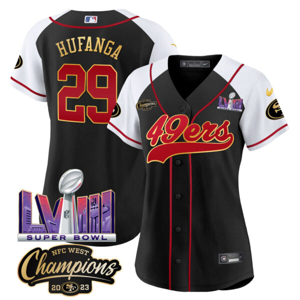 Women's 49ers NFC West Champions & Super Bowl LVIII Patch Baseball Jersey - All Stitched - Image 39