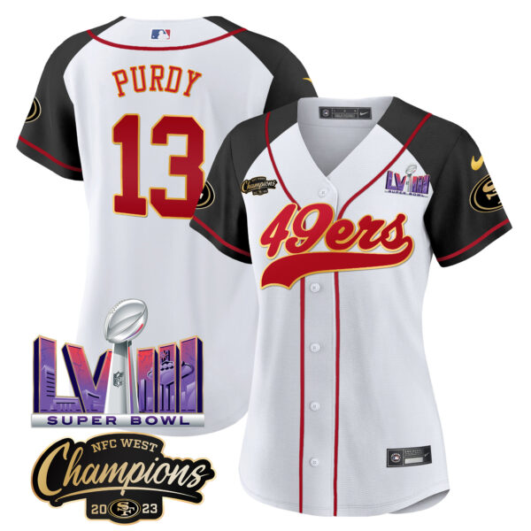 Women's 49ers NFC West Champions & Super Bowl LVIII Patch Baseball Jersey - All Stitched - Image 43