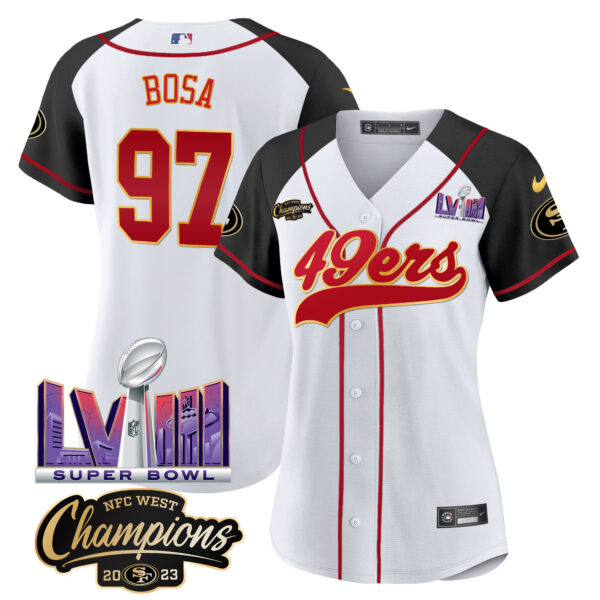Women's 49ers NFC West Champions & Super Bowl LVIII Patch Baseball Jersey - All Stitched - Image 47