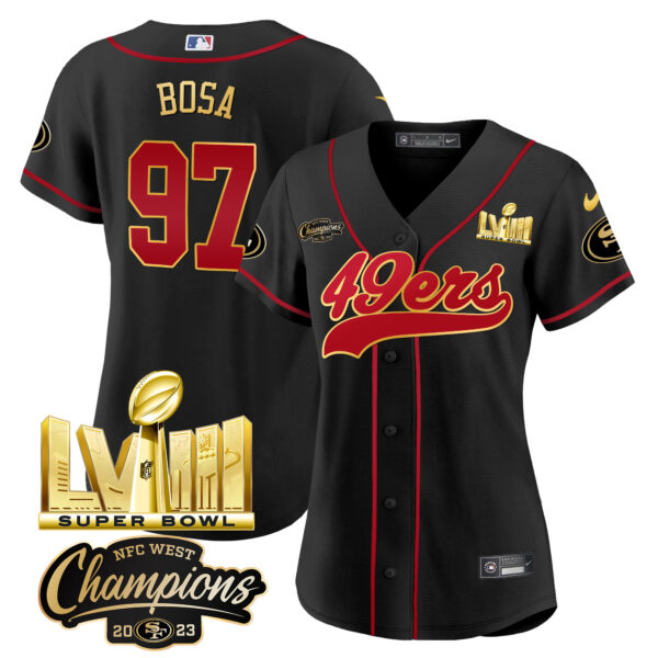 Women's 49ers NFC West Champions & Super Bowl LVIII Gold Patch Baseball Jersey - All Stitched - Image 7