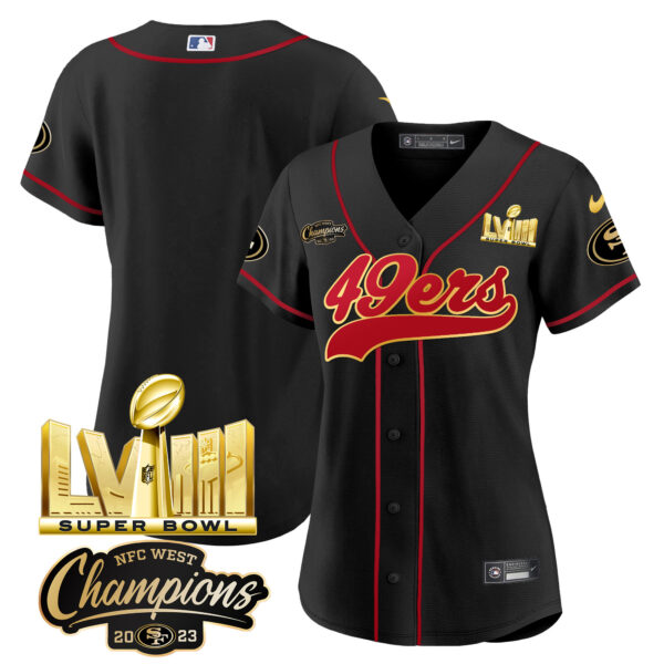 Women's 49ers NFC West Champions & Super Bowl LVIII Gold Patch Baseball Jersey - All Stitched - Image 10
