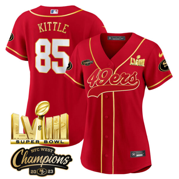 Women's 49ers NFC West Champions & Super Bowl LVIII Gold Patch Baseball Jersey - All Stitched - Image 14