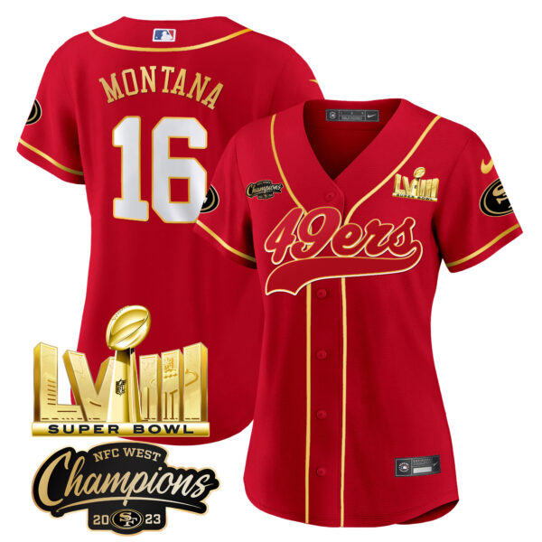 Women's 49ers NFC West Champions & Super Bowl LVIII Gold Patch Baseball Jersey - All Stitched - Image 18