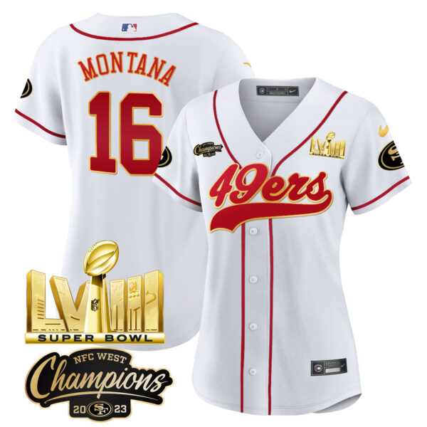 Women's 49ers NFC West Champions & Super Bowl LVIII Gold Patch Baseball Jersey - All Stitched - Image 28