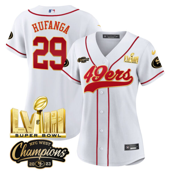 Women's 49ers NFC West Champions & Super Bowl LVIII Gold Patch Baseball Jersey - All Stitched - Image 29
