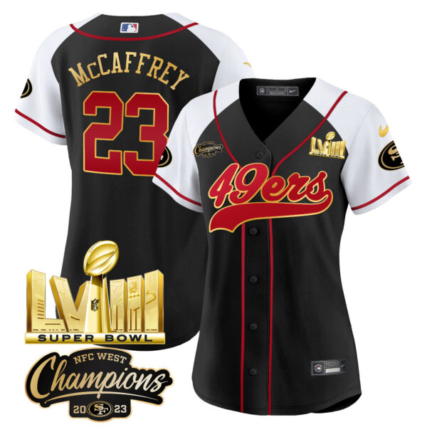 Women's 49ers NFC West Champions & Super Bowl LVIII Gold Patch Baseball Jersey - All Stitched - Image 31