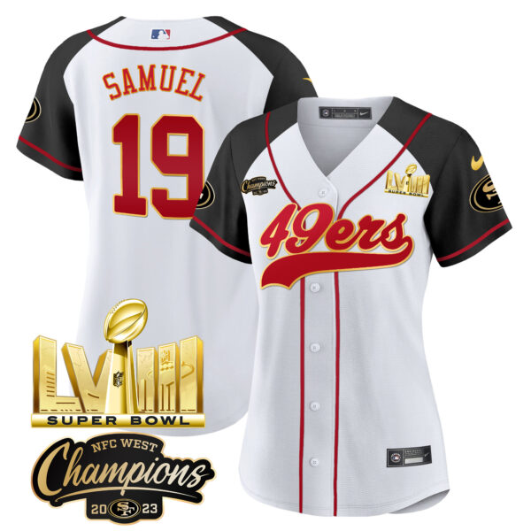 Women's 49ers NFC West Champions & Super Bowl LVIII Gold Patch Baseball Jersey - All Stitched - Image 42