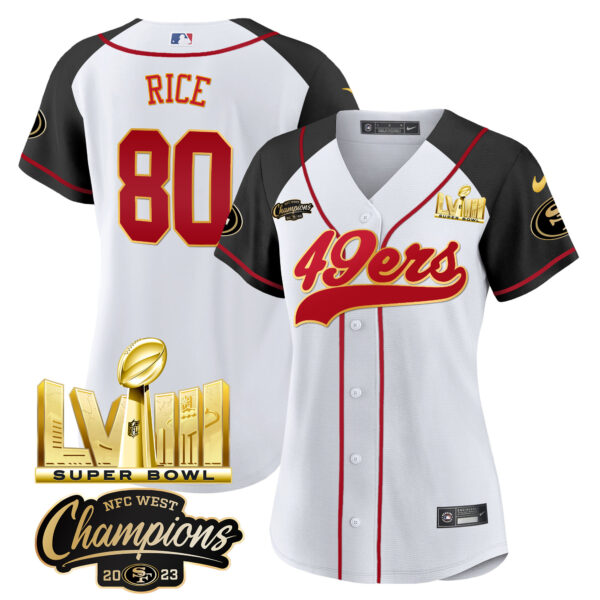Women's 49ers NFC West Champions & Super Bowl LVIII Gold Patch Baseball Jersey - All Stitched - Image 46