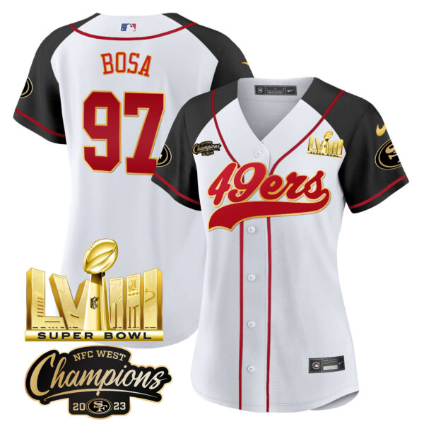 Women's 49ers NFC West Champions & Super Bowl LVIII Gold Patch Baseball Jersey - All Stitched - Image 47