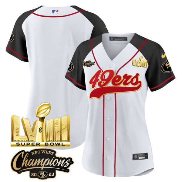 Women's 49ers NFC West Champions & Super Bowl LVIII Gold Patch Baseball Jersey - All Stitched - Image 50