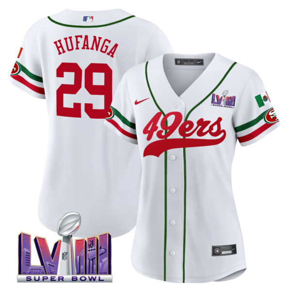 Women's 49ers Mexico Super Bowl LVIII Patch Baseball Jersey - All Stitched - Image 9