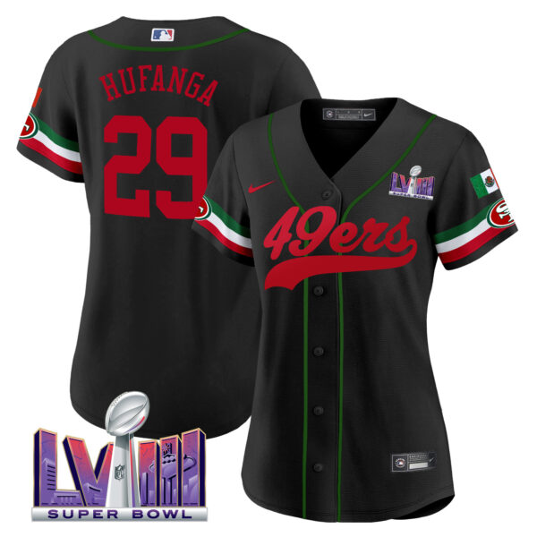 Women's 49ers Mexico Super Bowl LVIII Patch Baseball Jersey - All Stitched - Image 19