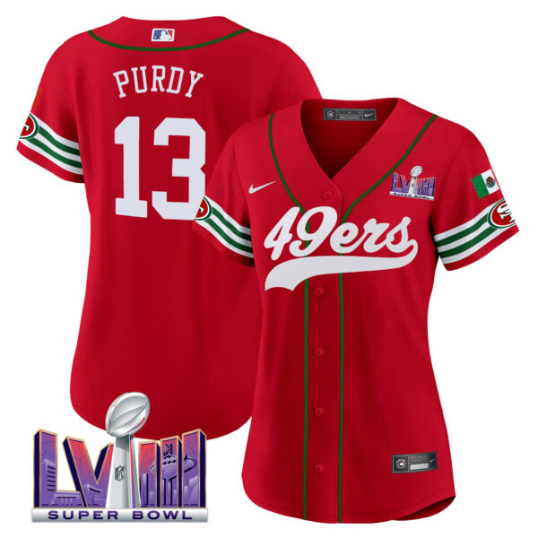 Women's 49ers Mexico Super Bowl LVIII Patch Baseball Jersey - All Stitched - Image 24