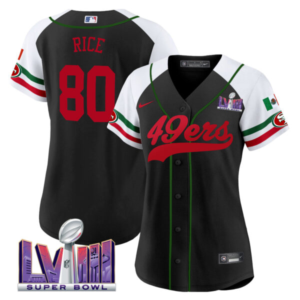 Women's 49ers Mexico Super Bowl LVIII Patch Baseball Jersey - All Stitched - Image 46
