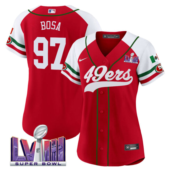 Women's 49ers Mexico Super Bowl LVIII Patch Baseball Jersey - All Stitched - Image 57