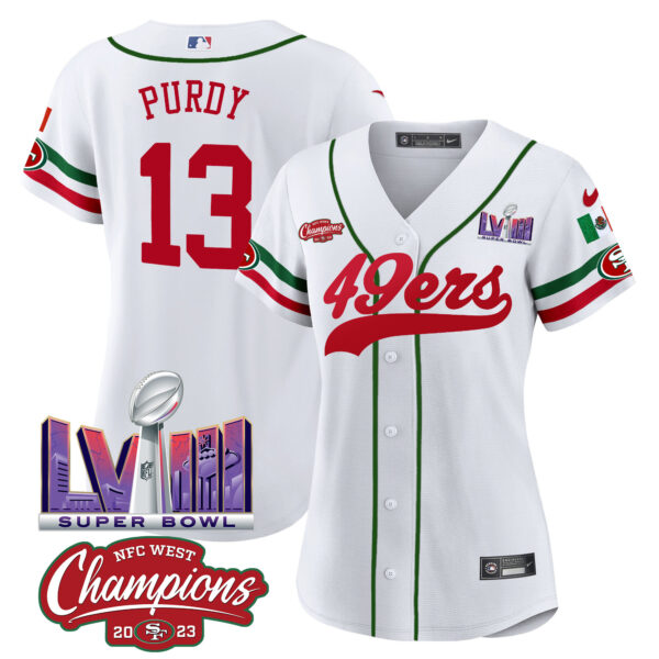 Women's 49ers Mexico NFC West Champions & Super Bowl LVIII Patch Baseball Jersey - All Stitched - Image 4