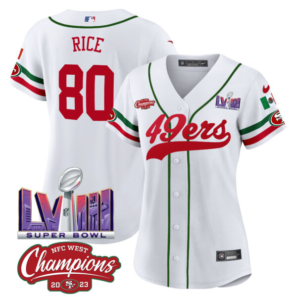 Women's 49ers Mexico NFC West Champions & Super Bowl LVIII Patch Baseball Jersey - All Stitched - Image 6