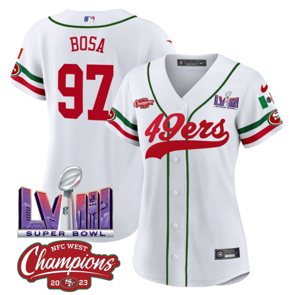 Women's 49ers Mexico NFC West Champions & Super Bowl LVIII Patch Baseball Jersey - All Stitched - Image 7