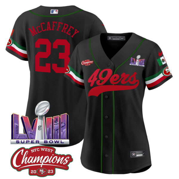 Women's 49ers Mexico NFC West Champions & Super Bowl LVIII Patch Baseball Jersey - All Stitched - Image 12