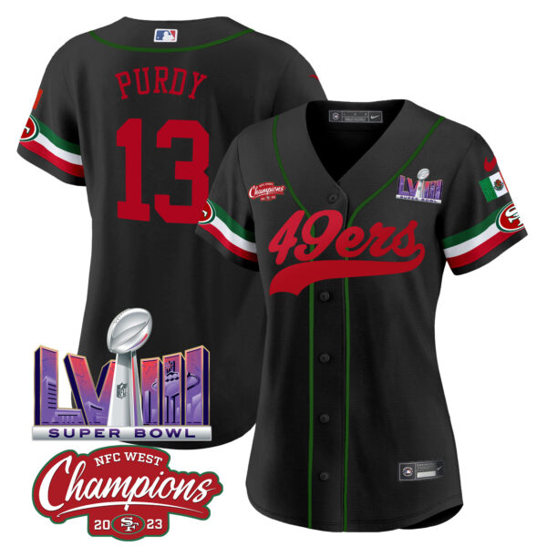 Women's 49ers Mexico NFC West Champions & Super Bowl LVIII Patch Baseball Jersey - All Stitched - Image 14