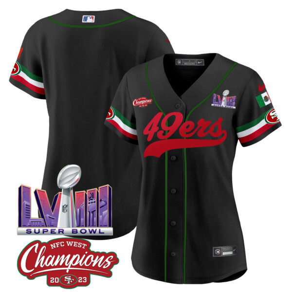 Women's 49ers Mexico NFC West Champions & Super Bowl LVIII Patch Baseball Jersey - All Stitched - Image 20
