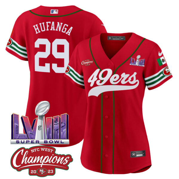 Women's 49ers Mexico NFC West Champions & Super Bowl LVIII Patch Baseball Jersey - All Stitched - Image 29