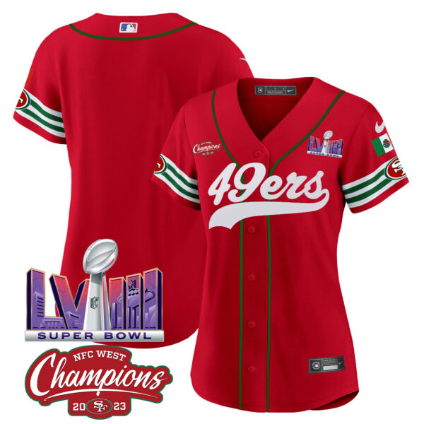 Women's 49ers Mexico NFC West Champions & Super Bowl LVIII Patch Baseball Jersey - All Stitched - Image 30