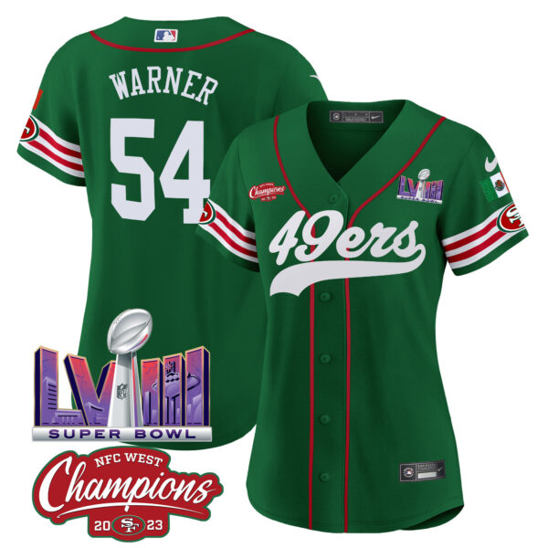Women's 49ers Mexico NFC West Champions & Super Bowl LVIII Patch Baseball Jersey - All Stitched - Image 31
