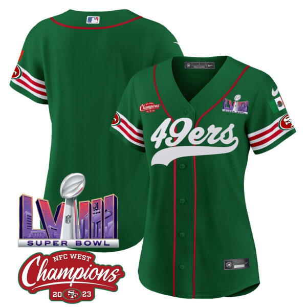 Women's 49ers Mexico NFC West Champions & Super Bowl LVIII Patch Baseball Jersey - All Stitched - Image 40