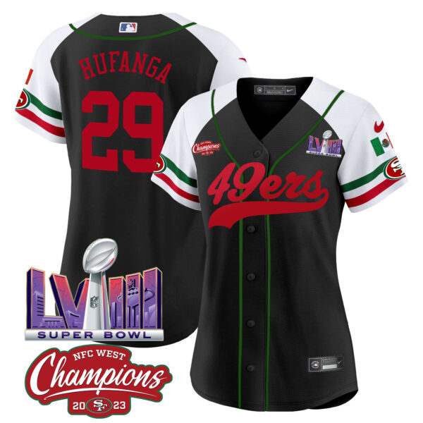 Women's 49ers Mexico NFC West Champions & Super Bowl LVIII Patch Baseball Jersey - All Stitched - Image 49