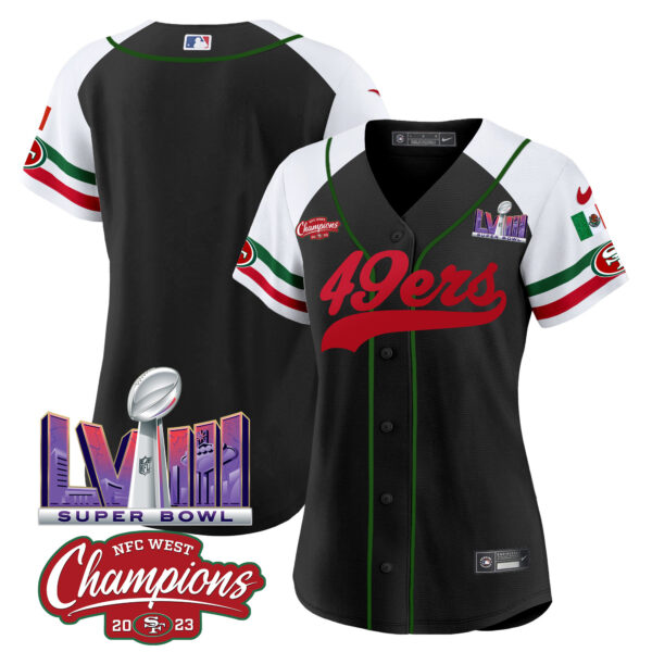 Women's 49ers Mexico NFC West Champions & Super Bowl LVIII Patch Baseball Jersey - All Stitched - Image 50