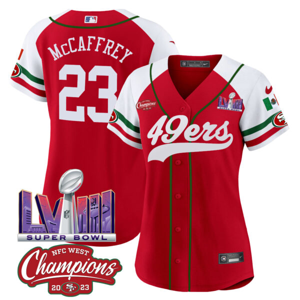 Women's 49ers Mexico NFC West Champions & Super Bowl LVIII Patch Baseball Jersey - All Stitched - Image 52