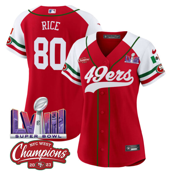 Women's 49ers Mexico NFC West Champions & Super Bowl LVIII Patch Baseball Jersey - All Stitched - Image 56