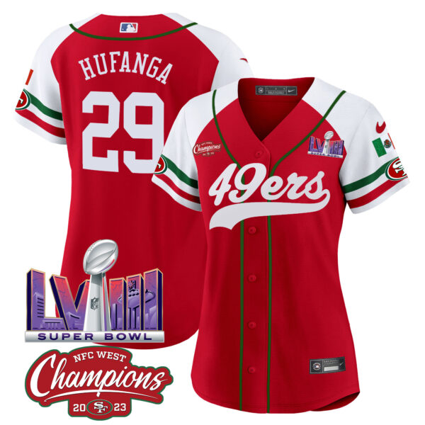 Women's 49ers Mexico NFC West Champions & Super Bowl LVIII Patch Baseball Jersey - All Stitched - Image 59