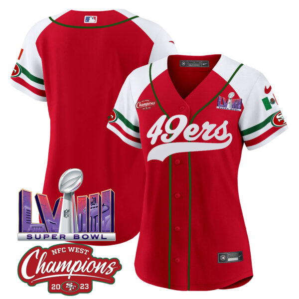 Women's 49ers Mexico NFC West Champions & Super Bowl LVIII Patch Baseball Jersey - All Stitched - Image 60