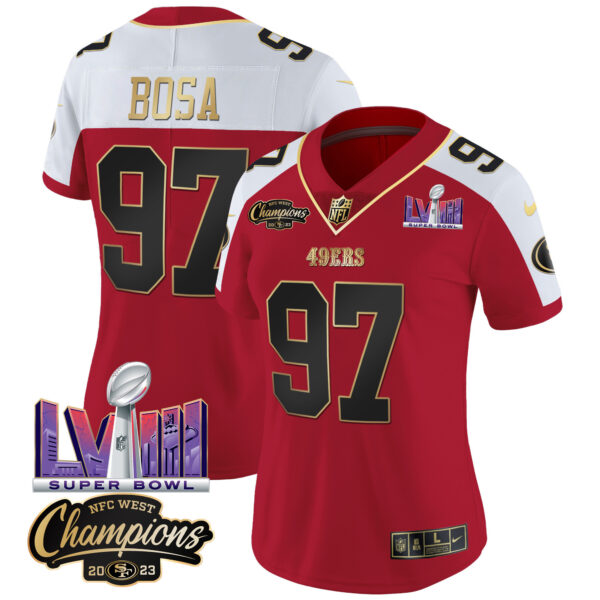 Women's 49ers NFC West Champions & Super Bowl LVIII Patch Vapor Jersey V2 - All Stitched - Image 47