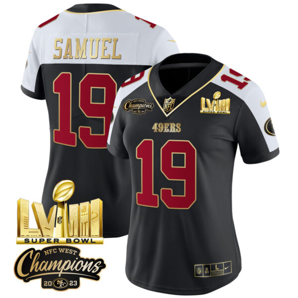 Women's 49ers NFC West Champions & Super Bowl LVIII Gold Patch Vapor Jersey V2 - All Stitched - Image 2