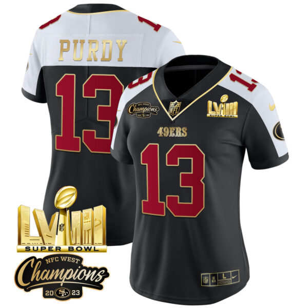 Women's 49ers NFC West Champions & Super Bowl LVIII Gold Patch Vapor Jersey V2 - All Stitched - Image 3