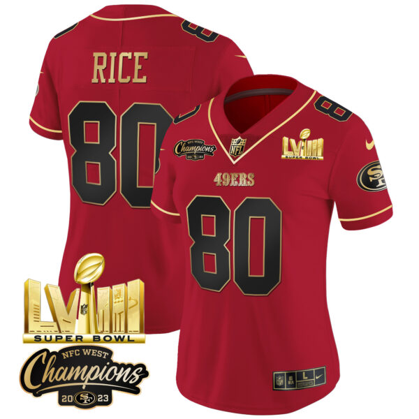 Women's 49ers NFC West Champions & Super Bowl LVIII Gold Patch Vapor Jersey V2 - All Stitched - Image 16
