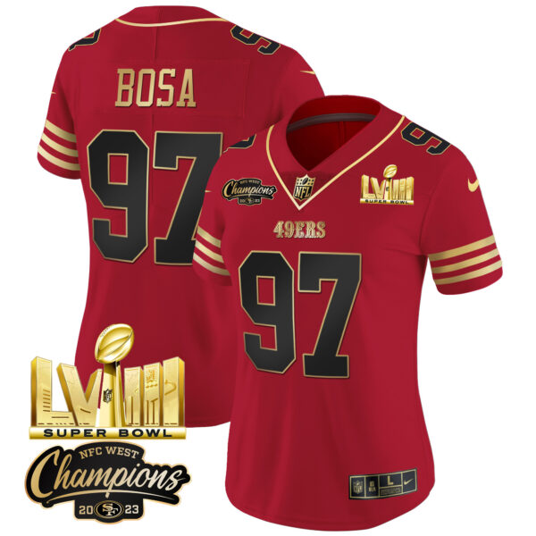Women's 49ers NFC West Champions & Super Bowl LVIII Gold Patch Vapor Jersey V2 - All Stitched - Image 27