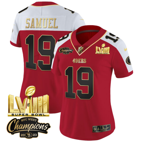 Women's 49ers NFC West Champions & Super Bowl LVIII Gold Patch Vapor Jersey V2 - All Stitched - Image 42