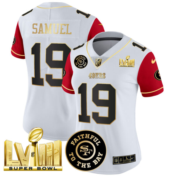 Women's 49ers Faithful & Super Bowl LVIII Gold Patch Vapor Jersey V2 - All Stitched - Image 42