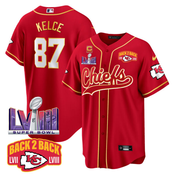 Men's Chiefs Super Bowl LVIII & Back 2 Back Patch Baseball Jersey - All Stitched - Image 2