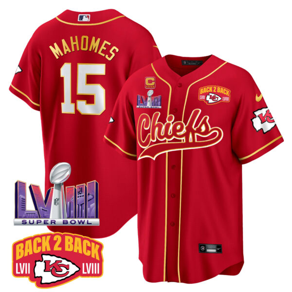 Men's Chiefs Super Bowl LVIII & Back 2 Back Patch Baseball Jersey - All Stitched
