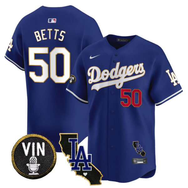 Men's Dodgers Vin & California Patch Gold Trim Vapor Premier Limited Jersey - All Stitched - Image 33